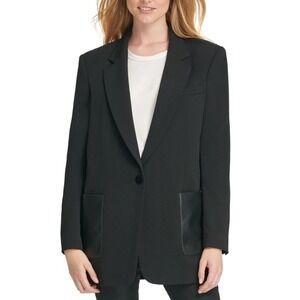 DKNY Faux Leather-paneled Pockets Black Crepe Blazer Jacket  Work Office Size 14